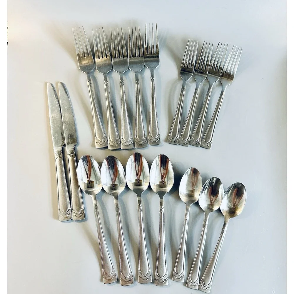 18 Cambridge DANA FROST Satin Stainless Flatware Silverware Set Lot Fork Spoon